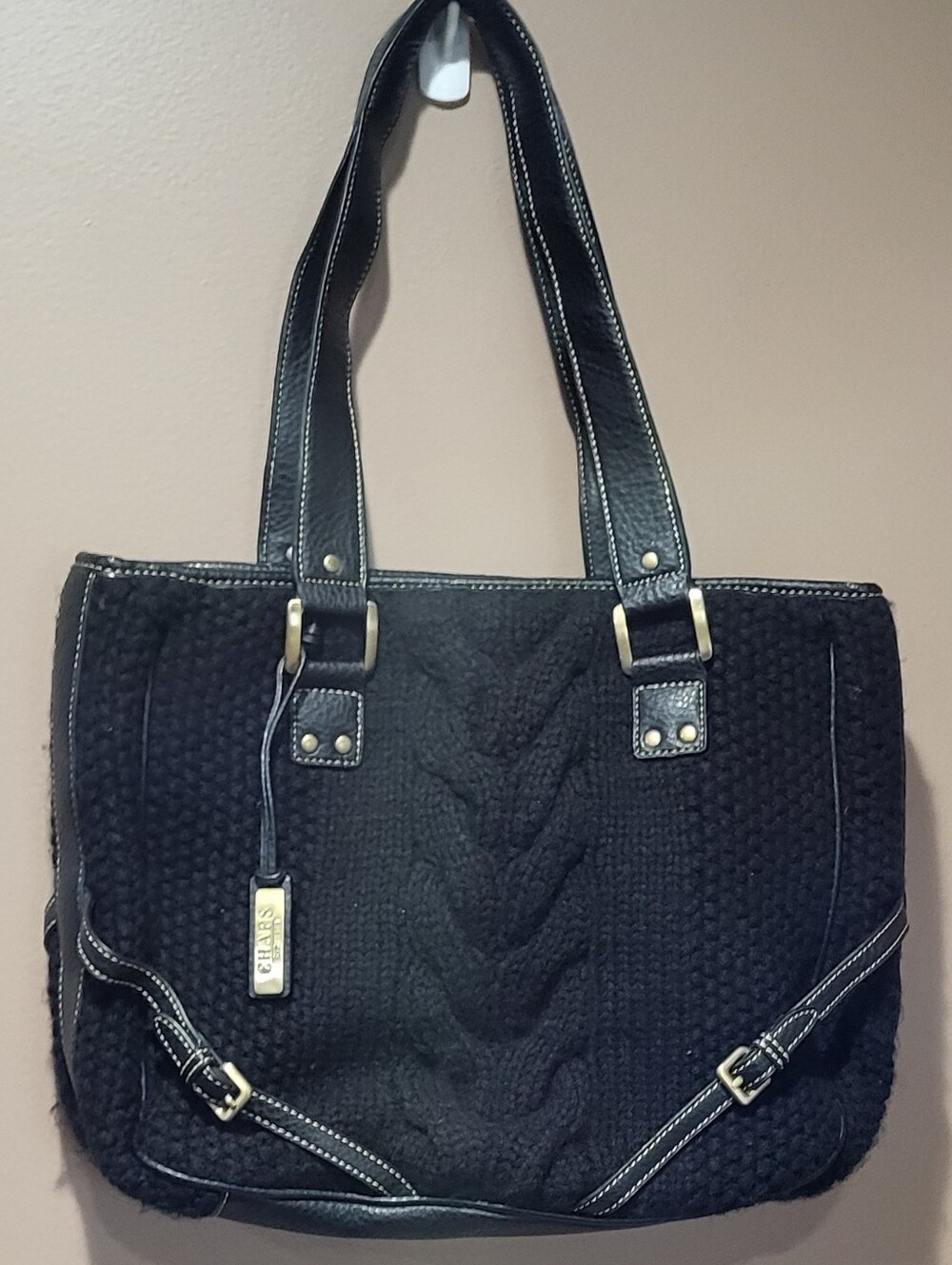 Chaps Black Cable Knit Bag with Leather Trim